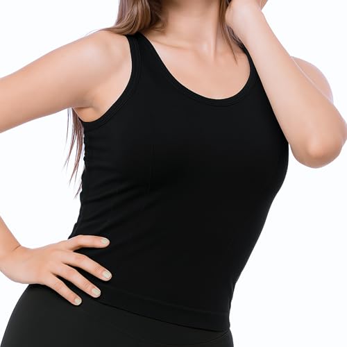 Top Deportivo Mujer con Copas incorporadas Tipo Blusa sin Mangas, Ropa Interior, Ideal para Yoga, Pilates y Uso Diario, Tela Elastica Transpirable (FR/ES, Letras, S, M, Regular, Regular, Negro)