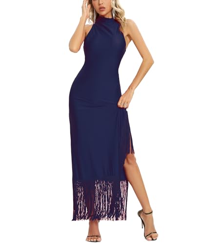 Aigeman Women Vintage Flapper Dresses 1920s Great Gatsby Halter Fringed Maxi Dress Tassels High Split Formal Dress 19