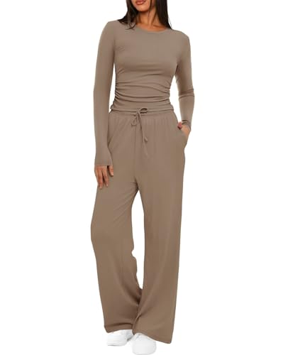 JFAN Conjunto Deportivo Mujer Casual Dos Piezas Color Sólido Elegante Conjunto Chandal Mujer Manga Larga Top y Pantalón Pata Ancha Chandal con Bolsillo,Marrón café M