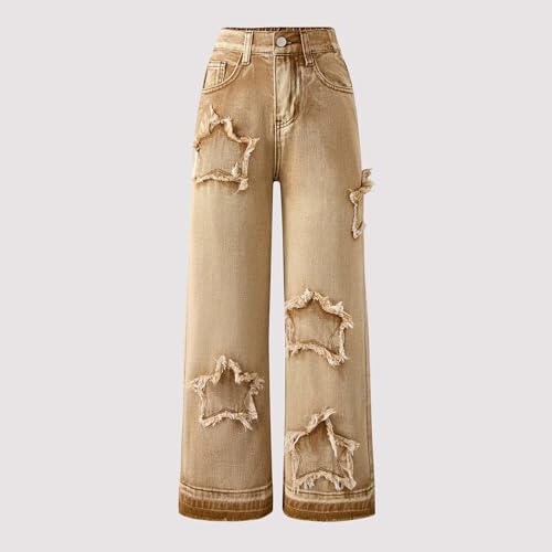 Girls Wide Leg Jeans Star Applique Elastic High Waist Casual Baggy Denim Pants Cute Summer Trousers Y2K Streetwear 8-13Years3