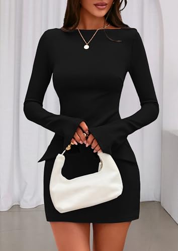 PRETTYGARDEN Womens Fall Long Sleeve Mini Dress 2025 Trendy Boat Neck Bodycon Knit Elegant Short Party Formal Dresses2