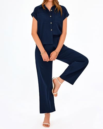 PRETTYGARDEN Womens 2 Piece sets Summer Cap Sleeve Tops Palazzo Pants Dressy Casual Vacation Travel Outfits Tracksuits(Navy,Medium) — view 6