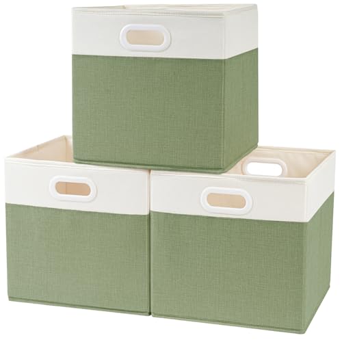 SOCOHOME Lot de 3 boîtes de rangement pliables en tissu - 30 x 30 x 30 cm - Pour armoire, étagère et vêtements - Lavables (vert/blanc)