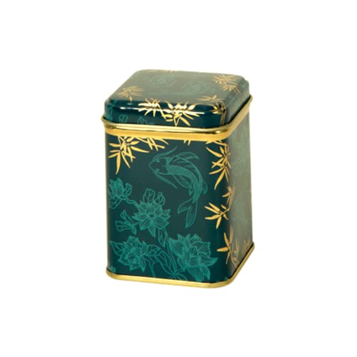 Oriental Koi Carp - Retro/Vintage Style Square Tea Caddy/Kitchen Storage Tin - Jade Green & Gold (50 g) - 6 x 6 x 8 cm