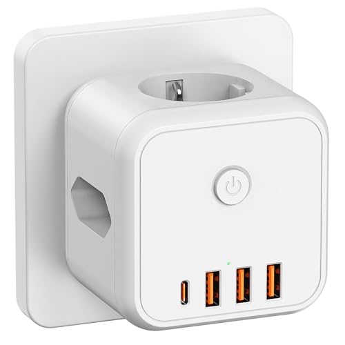 Steckdosenwürfel ohne Kabel, Steckdosenleiste mit 4 USB, 3 Fach Mehrfachsteckdose mit Schalter, 7 in 1 USB C Würfel Steckdosen Mehrfachstecker Steckdosenadapter für Büro Hause, Weiß