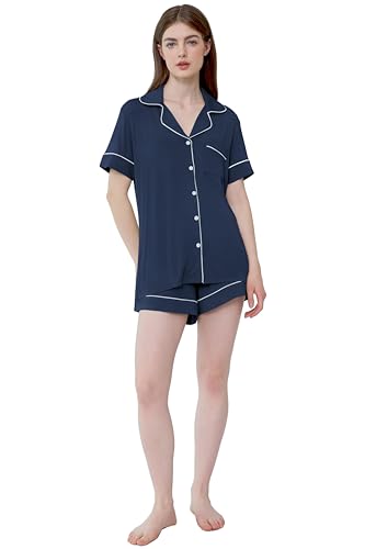 Image of Cherrydew Women Bamboo Viscose Super Soft Comfy Summer Cooling Short Sleeve Button Down Pajama Shorts Set S-XXL