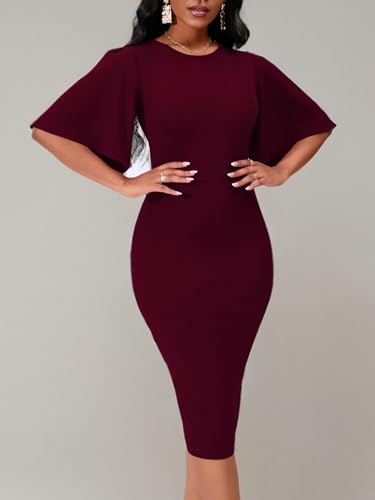Image of WanMem Womens Basic Bodycon Ruffle Flared Short Sleeve Pencil Midi Dress