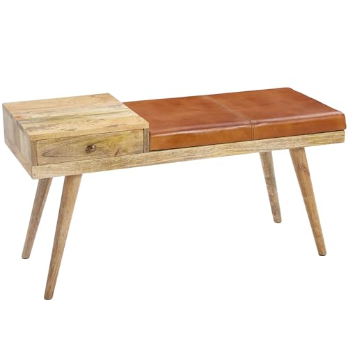 WOHNLING Banco SALIM Cuero de Cabra/Banco de Madera Maciza 100x52x38 cm en Estilo Retro | Banqueta de Pasillo con Espacio de Almacenamiento | Banco de Cuero Acolchado de Almacenamiento marrón