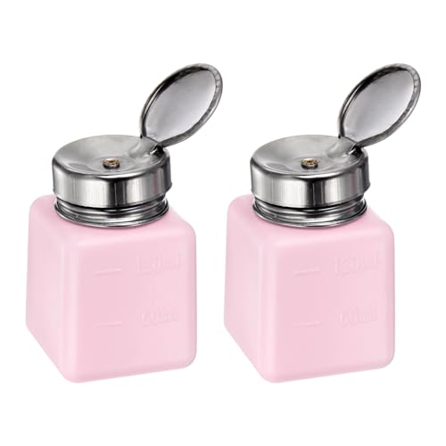 sourcing map 2pcs Solvent Alcohol Dispensers 120ml(4oz) Push Down Liquid Dispenser Pump Bottle with Sealing Stainless Steel Lid for Acetone Solution, Pink
