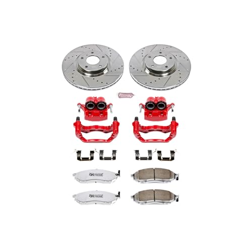 Image of PowerStop Front Brake & Caliper Kit for INFINITI G35 2005-07 | Nissan 350Z 2006-09 - Drilled & Slotted Disc Rotors + Carbon-Fiber Ceramic Brake Pads + Red-Powder Coated Calipers, KC112A-26