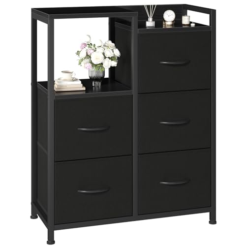 DUMOS Black Dresser for Bedroom, 5 Drawer Small Fabric Closet Dresser