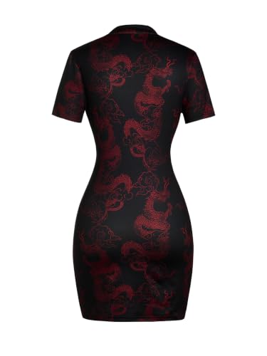 Image of SOLY HUX Women's Chinese Cheongsam Short Sleeve Dragon Print Mini Dress | Bodycon, Evening Dresses