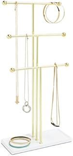Umbra Trigem Hanging Jewelry Organizer  3 Tier Table Top Necklace Holder, Jewelry Box and Jewelry Display with Jewelry Tray Base, White/Brass