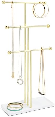 Umbra Trigem Hanging Jewelry Organizer Tiered Tabletop Countertop Free Standing Necklace Holder Display, 3, Brass/White