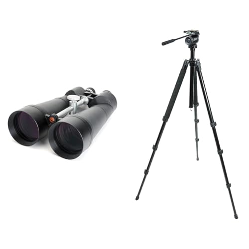 Celestron 71017 SkyMaster 25x100mm Porro Prism Binoculars with Multi-Coated Lens & 82050 TrailSeeker Fluid Pan Head Tripod for Spotting Scopes, Binoculars, Cameras & Small Telescopes, Black