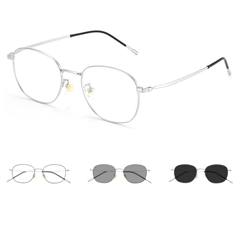 Selbsttönende Gleitsicht Sonnenbrille, Runde Metall Brillengestell Lesebrille, Computer Lesehilfe Nah Und Fern Dual-Use(Silver,+1.0)