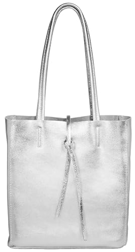 Caspar mittelgroße Leder Shopper Schultertasche Casual Damen Tasche mit Sicherheitsfach - CLASSIC LINE - Modell No.814 - Made in Italy, Farbe:silber metallic