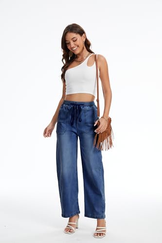 SESERAGI Womens Barrel Stretch Jeans Distressed Drawstring Wide Leg Loose Pull On Denim Jeans Pants4