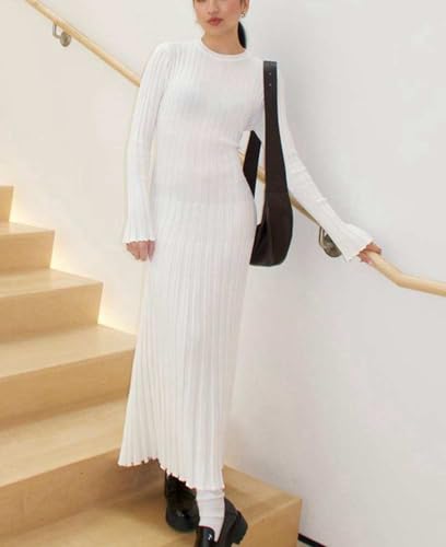 Image of Women's Long Sleeve Sweater Dress Ankle Length Fall Dress Vneck Knit Winter Dress