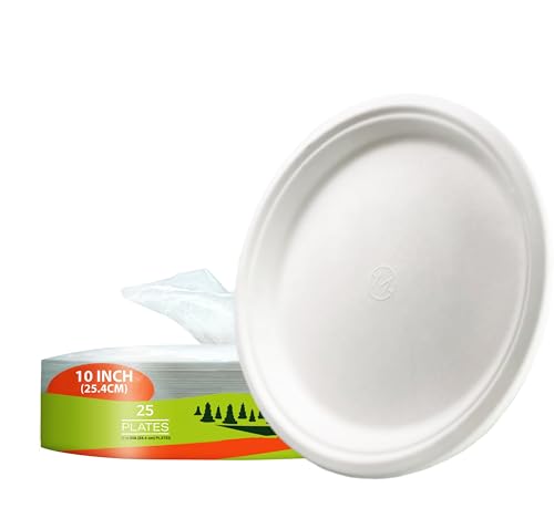 MOBI Ecoware Paper Plates 100% Compostable-[10 Inch by 0.5 deep]-Heavy Duty Disposable Plate - (BPI Certified) - (PFAS-Free) - Eco-Friendly Biodegradable Bagasse 10 Dinner Plates (25 Pack)