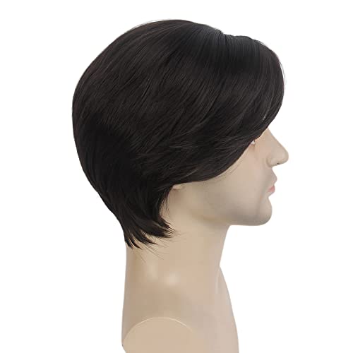 REEWES Men's Short Curly Wig with Fringe, Natural Synthetic Full Wig for Daily Party Costume, Cosplay Wear, Brown - Image 4