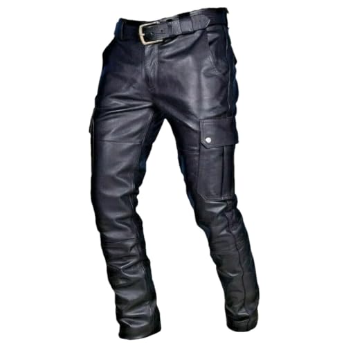 Men's PU Leather Motorcycle Pants with Cargo Pockets Elastic Waist Trousers