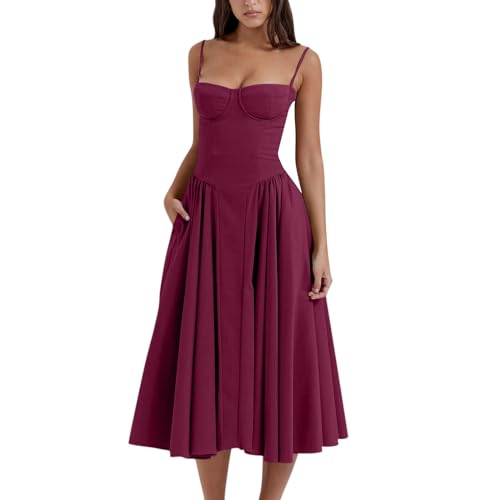 midelxp Damen-Korsettkleid, elegant, Spaghettiträger, Bustier, Midi-Kleid, fließender Plisseesaum, tiefer Schnitt, Ballkleider mit Taschen, L008-Hot...