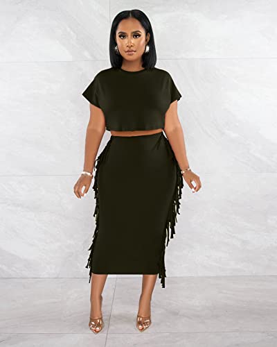 Image of YUEWOO 2 Piece Outfits for Women Sexy Crop Top Ruched Bodycon Maxi Dresses Fringe Skirt Sets Night Club Jumpsuits