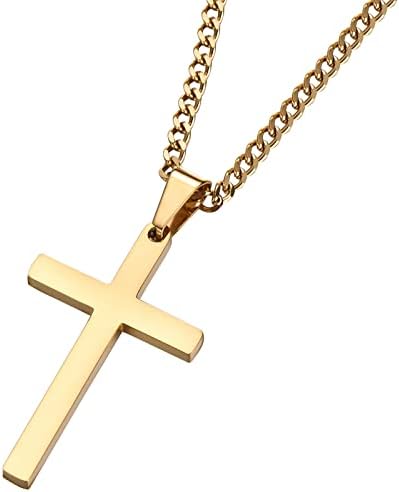Cross Necklace Men - Cross Pendant Stainless Steel Cross Necklace for Women, Simple Men Necklace Silver /Gold /Black Figaro Curb Chain (45/55+ 5cm), Christmas Birthady Religious Gifts for Boy Girls