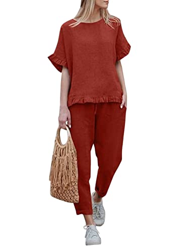 shownicer Conjunto de Dos Piezas de Lino para Mujer 2 Piezas Trajes Primavera Verano Cuello Redondo Color Sólido Transpirable Manga Corta Camisa Pantalón A Rojo XL
