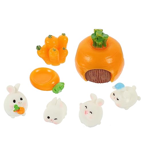 HOLIDYOYO 7Pcs Miniature Rabbit Figurines Cute Rabbit Decor for Fairy Gardens Office and Home Adorable Bunny Crafts with Carrots and House for All Ages