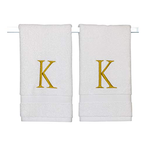 Monogrammed Hand Towels For Bathroom - Luxury Hotel Quality Personalized Initial Decorative Embroidered Bath Towel For Powder Room, Spa - Gots Organic Certified - Set Of 2 Gold Letter K #TOP9