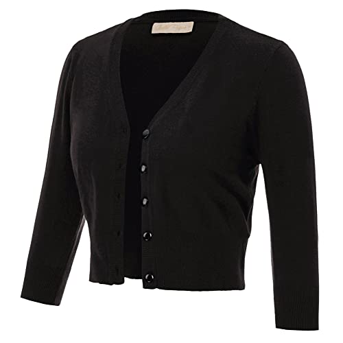 Belle Poque Schwarze Strickjacken für Frauen 50er Jahre Vintage V-Ausschnitt 3/4 Ärmel Pullover Mantel für Kleid Schwarz BP0627-01 L