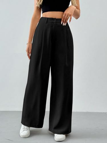 Image of Solid High Waist Straight Korean Loose Pleated Wide Leg Trouser for Women's & Girl's