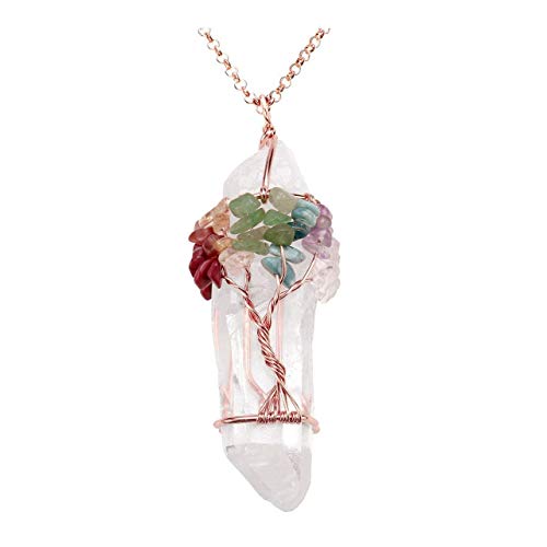 Jovivi Bundle - 2 Items 7 Chakra Gemstone Tree Of Life Wire Wrapped Natural Clear Quartz Healing Crystal Point Pendant Necklace + 7 Chakra Reiki Healing Crystal Stretch Bracelet Gemstone Yoga Beads #TOP1