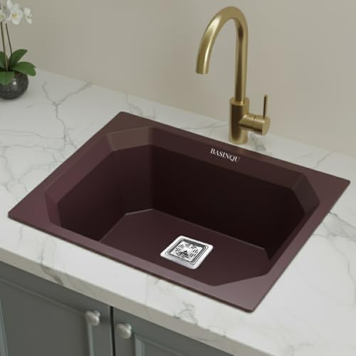 Image of BASINQU BASINQU Quartz Sink for Kitchen | 24x18x9 Inches Brown Single Bowl Sink For Kitchen Basin Diamond Designed | Granite UV Protected Scratch Resistant, Undermount /Topmount Kitchen Sinks