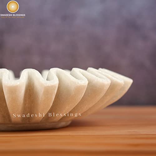 Swadeshi Blessings Handcrafted Marble Ruffle Bowl/Antique Scallop Bowl/Fruit Bowl/Vintage Ring Dish/Decorative Flower Bowl/Housewarming Gift/Wedding Gifts/Urli (12 Inches) #TOP6
