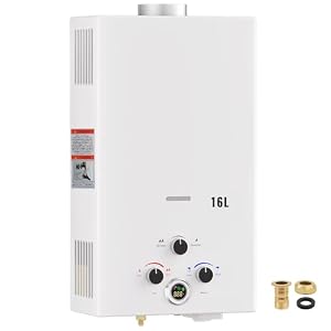 Gas Durchlauferhitzer 16L Propan, Batteriezündung Durchlauferhitzer ohne Stromanschluss, mobiler Warmwasserspeicher für Camping, Wohnmobile, Pferdestall & Reise（weiß）
