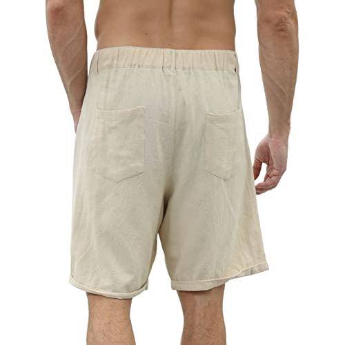 Men's Linen Casual Beach Shorts Cotton Classic Summer Shorts With Buttons Elastic Waist Khaki #TOP3