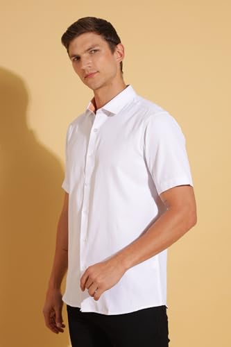 Image of Fyltr Men's Regular Fit Cotton Blend Shirt - Half Sleeve | Stylized Collar Band | Formal Shirts for Men