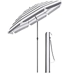 CHRISTOW Beach Umbrella Portable Tilting Parasol Sun Shade with UV Protection and Bag 2m (Grey and White Striped)