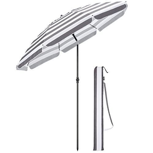 CHRISTOW Beach Umbrella Portable Tilting Parasol Sun Shade with UV Protection and Bag 2m (Grey and White Striped)