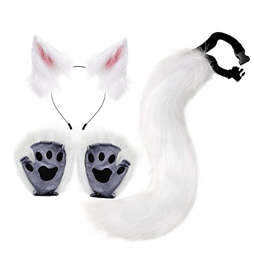 Oreilles et queue de chat en peluche imitation blanche, finition soignée pour déguisement