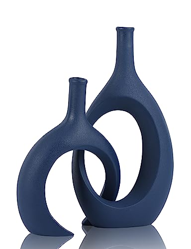 Set de 2 jarrones de cerámica azul, jarrón moderno azul marino para centro de mesa de comedor, decoración para casa y granja, divisor para oficina, chimenea, decoración para entrada