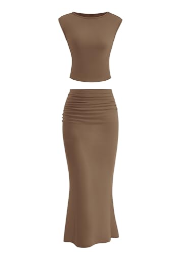 PRETTYGARDEN Skirt Sets Women 2 Piece Outfits Summer Outfits 2026 Going Out Crop Tops Long Maxi Skirts Beach Vacation Clothes(Khaki,Large)