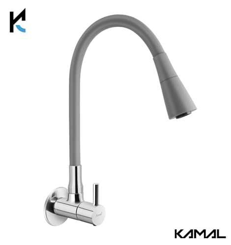 Image of KAMAL Full Brass Sink Tab Cock Flexo Play Grey (Dual Flow Flexible Swivel Spout 360 Degree) Bib Tap Faucet (Wall Mount Installation Type)
