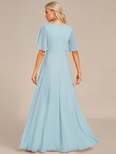 Image of Ever-Pretty Women's Spring Short Sleeve Bridesmaid Dresses V-Neck Chiffon Ruched Empire Waist Appliques Long Formal Dress