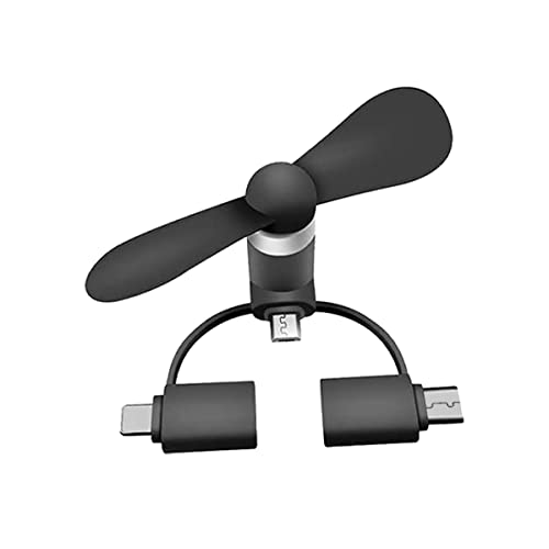 Todotumovil Mini Ventilador portátil 3 en 1 para Dispositivos iOS, Android y más (Conector iOS/USB Tipo C/Micro USB) (Negro)