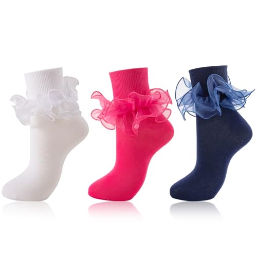 Image of Women Big Ruffle Ankle Socks Adult Double Lace Frilly Turn Cuff Dress Socks Cotton Cute Fancy Bobby Crew Socks