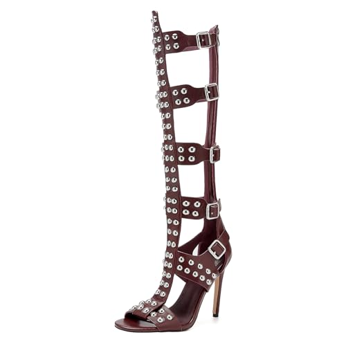 Women's Open Toe Hollow Knee High Boot 4.3IN Stiletto Heels, Metal Bead & Big Bukles Nightclub Party Wedding Shoes